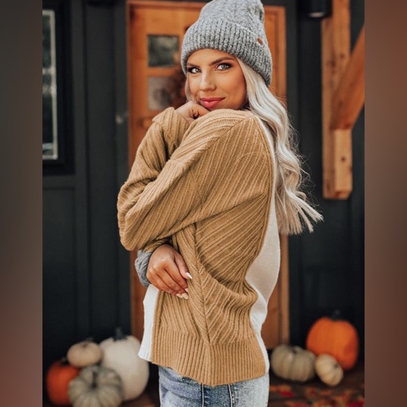 Cozy Sweater, Color Block, Cable Knit Texture, White/Tan/Gray, M L XL 2X - Picture 5 of 16